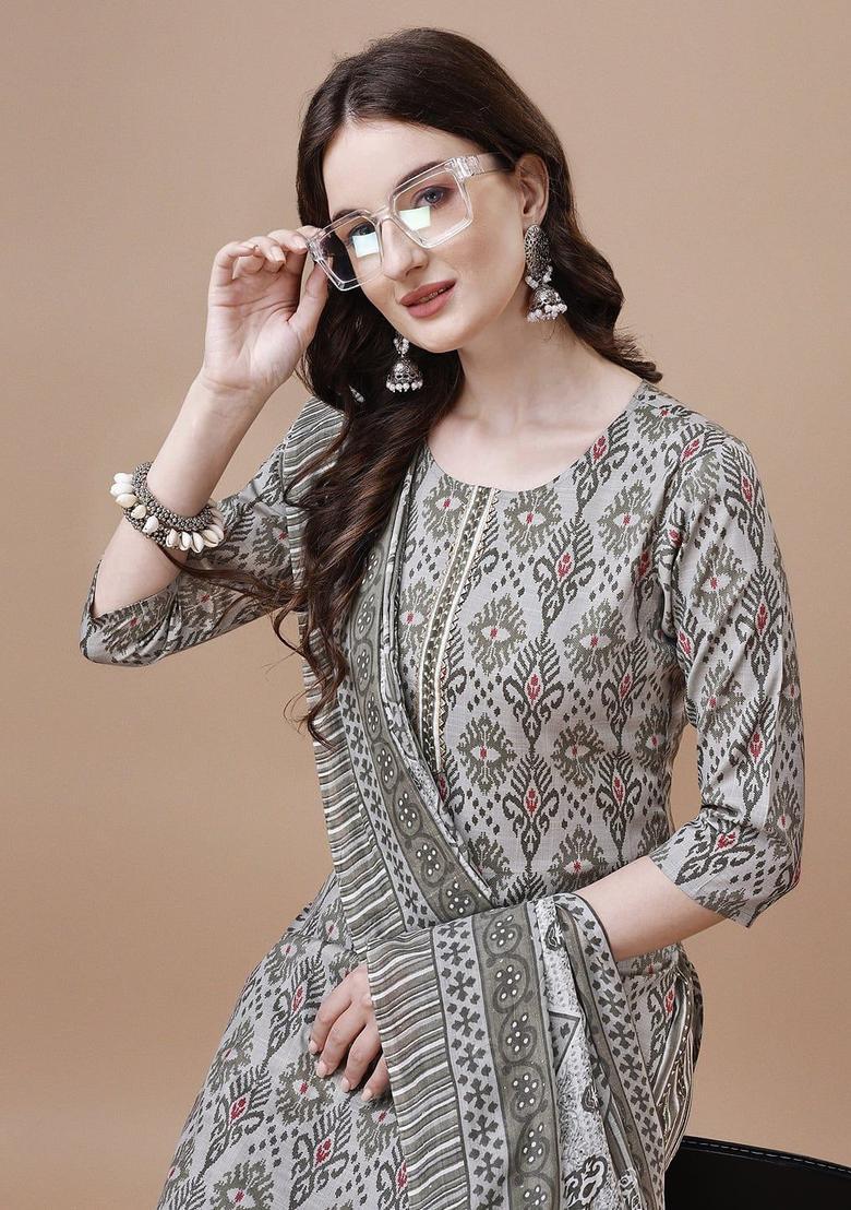 Grey Printed Cotton Kurta Set - Indya