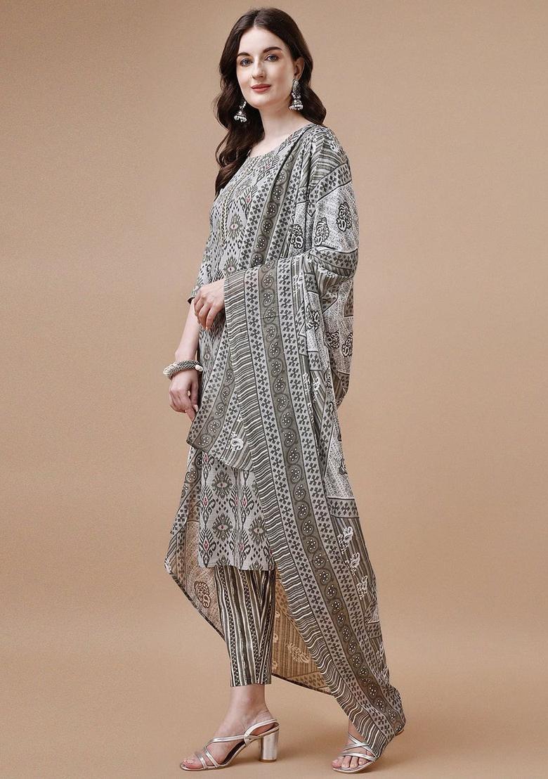 Grey Printed Cotton Kurta Set - Indya