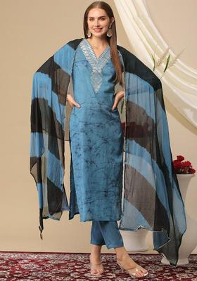 Blue Embroidered Cotton Kurta Set