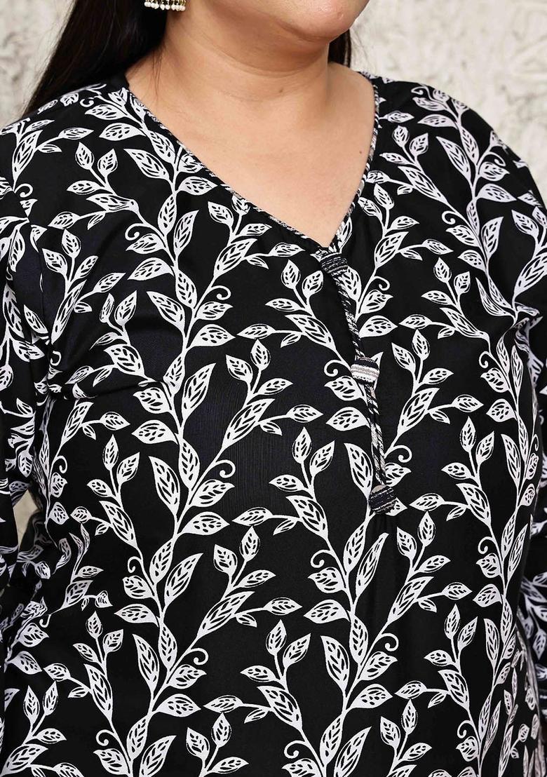 Black Printed Cotton Kurta Set - Indya
