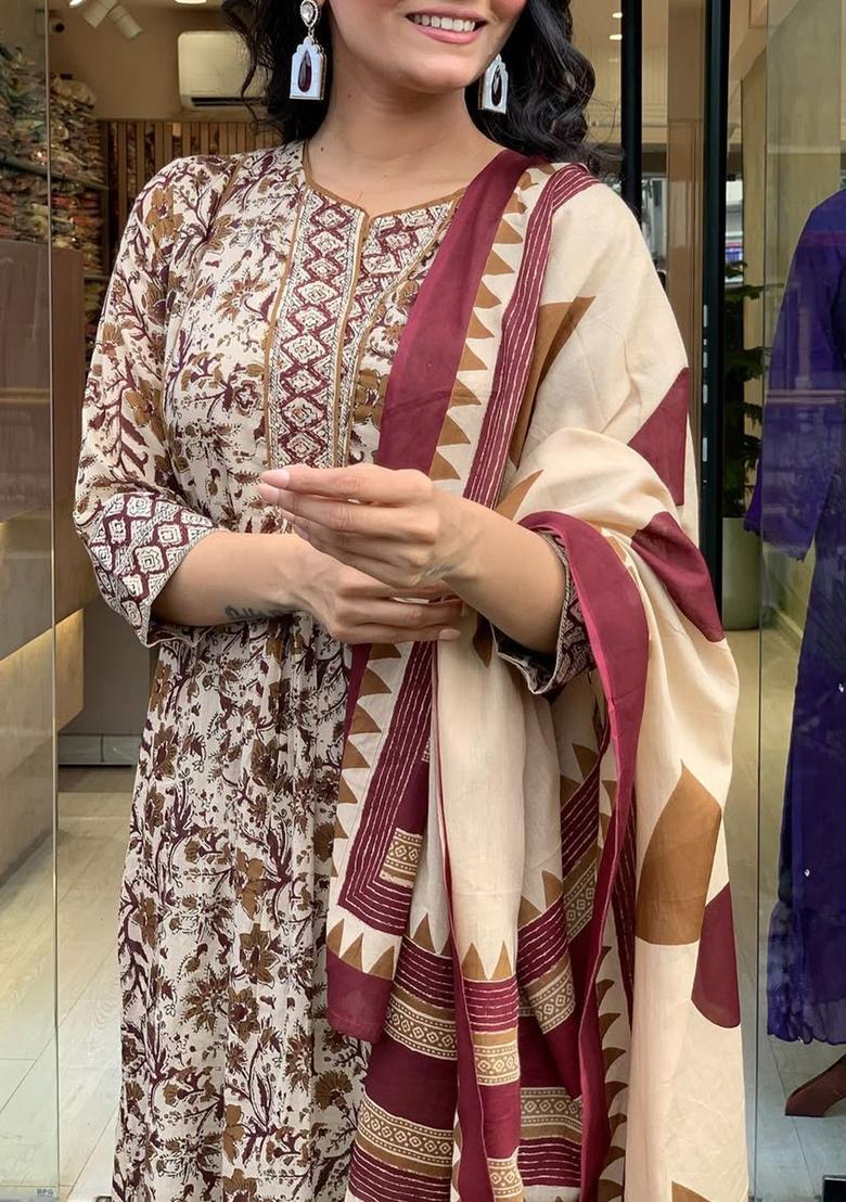 Off White Printed Cotton Kurta Set - Indya