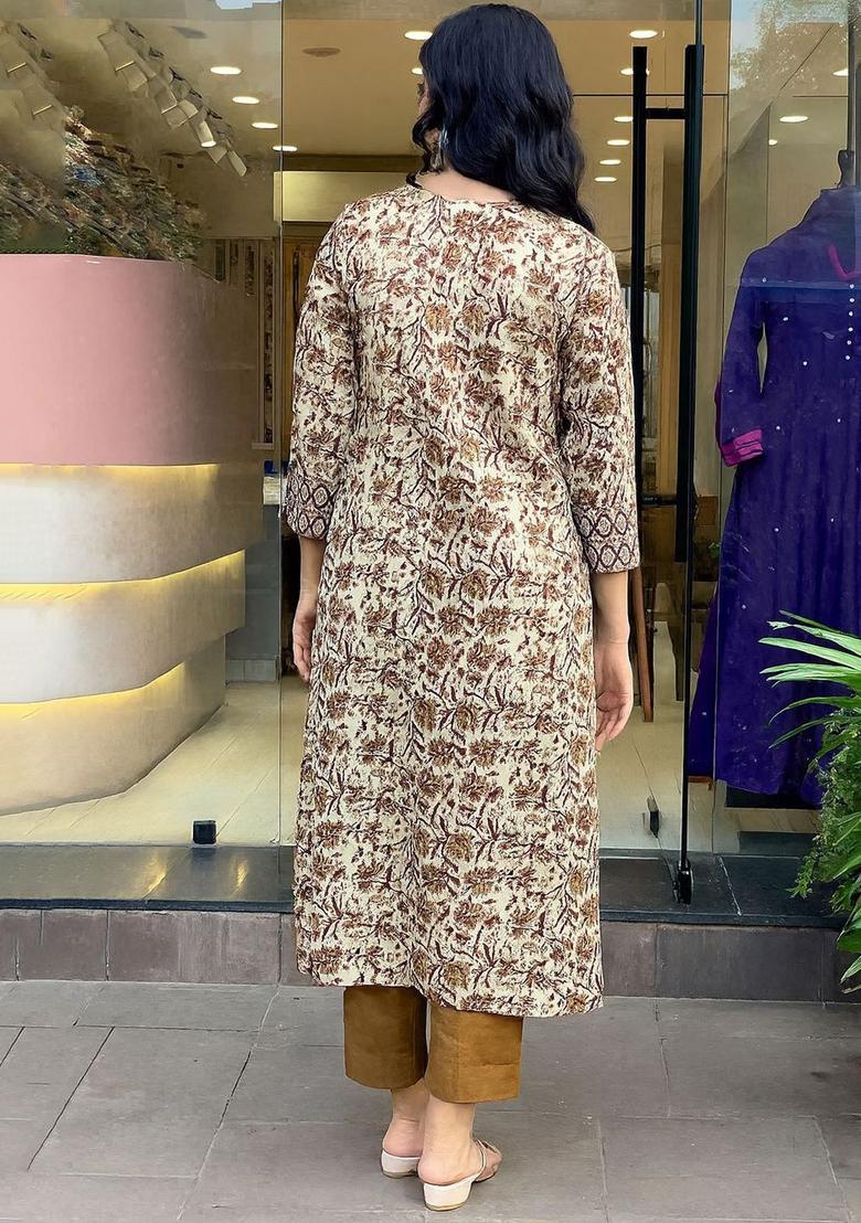 Off White Printed Cotton Kurta Set - Indya