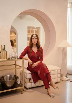 Maroon Printed Viscose Kurta Set