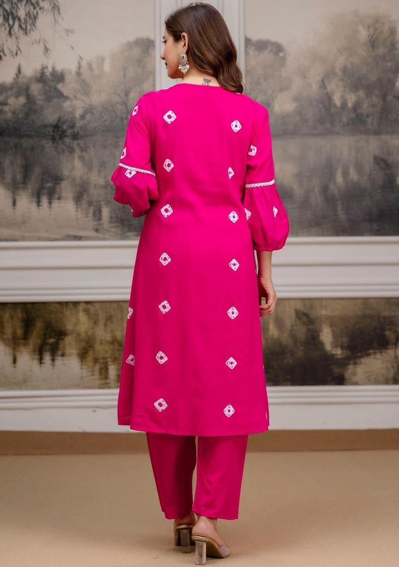 Pink Embroidered Viscose Kurta Set - Indya