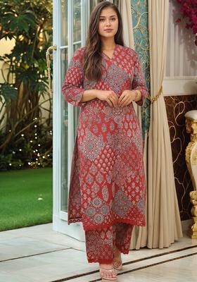 Red Printed Viscose Kurta Set