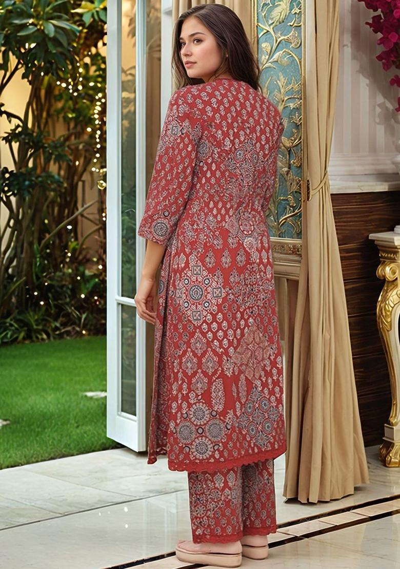 Red Printed Viscose Kurta Set - Indya