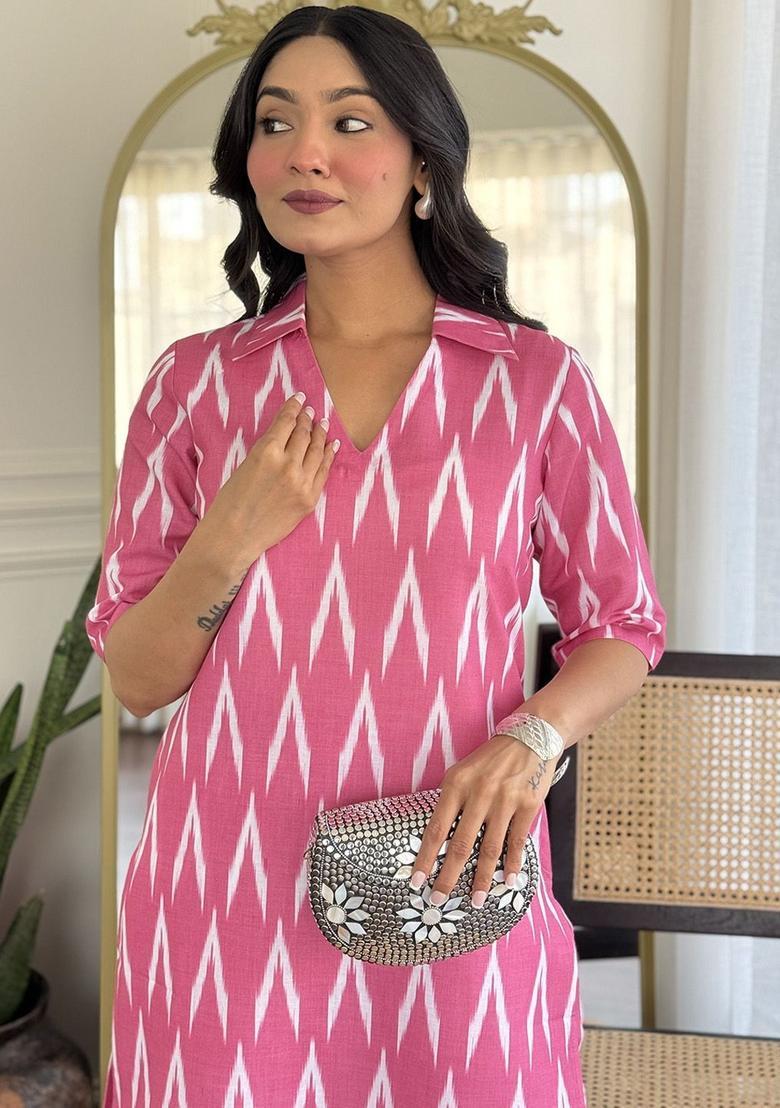 Pink Printed Viscose Kurta Set - Indya