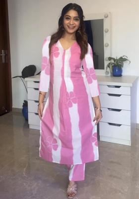 Pink Printed Viscose Kurta Set