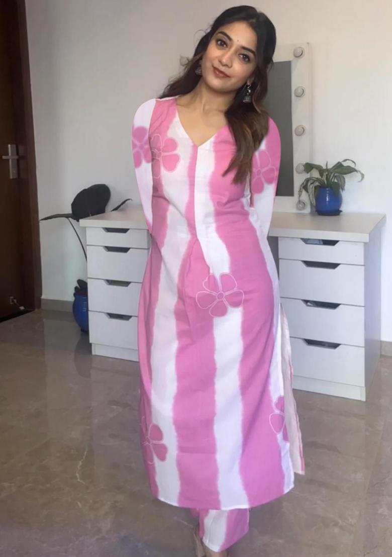 Pink Printed Viscose Kurta Set - Indya