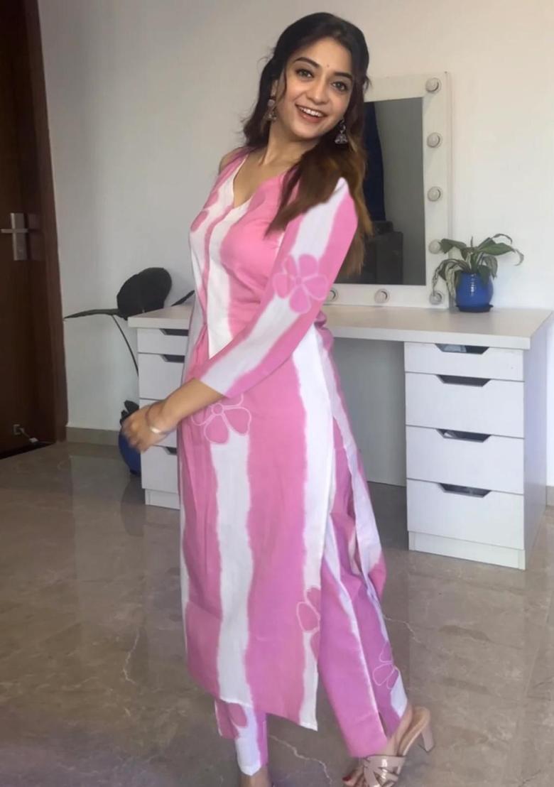 Pink Printed Viscose Kurta Set - Indya