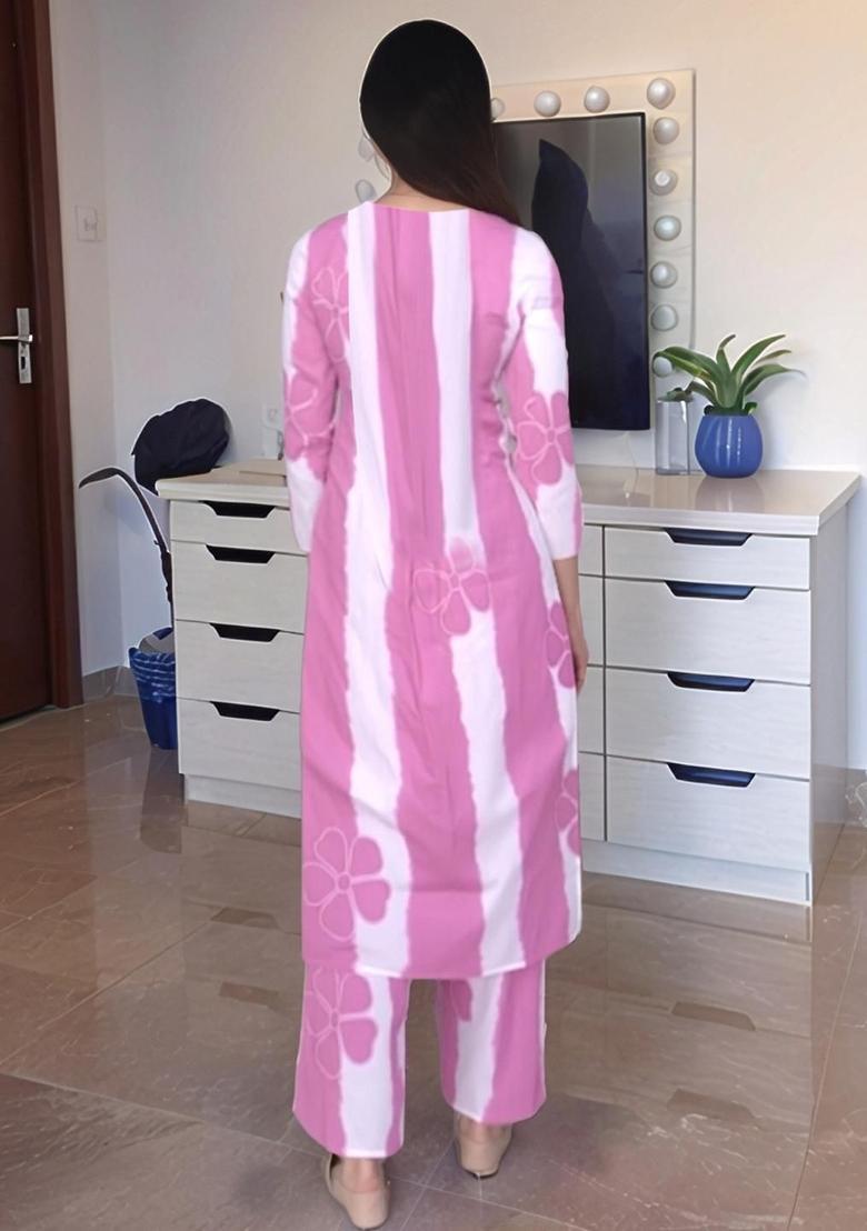 Pink Printed Viscose Kurta Set - Indya