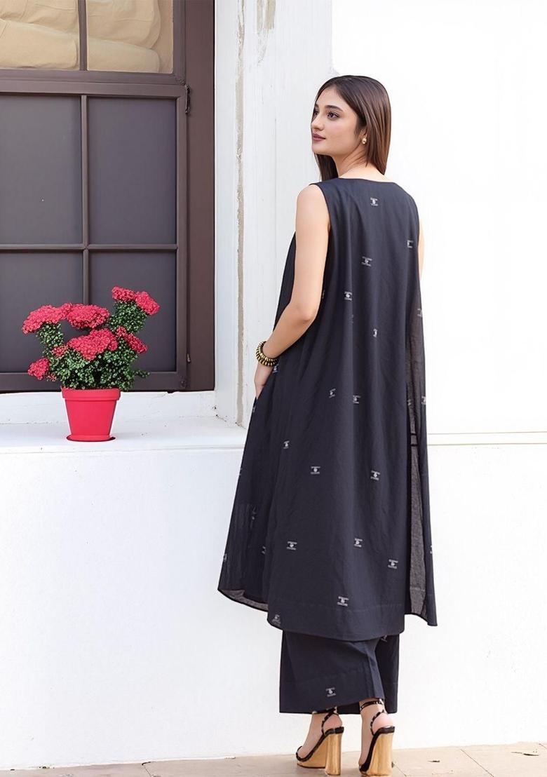 Black Printed Viscose Kurta Set - Indya