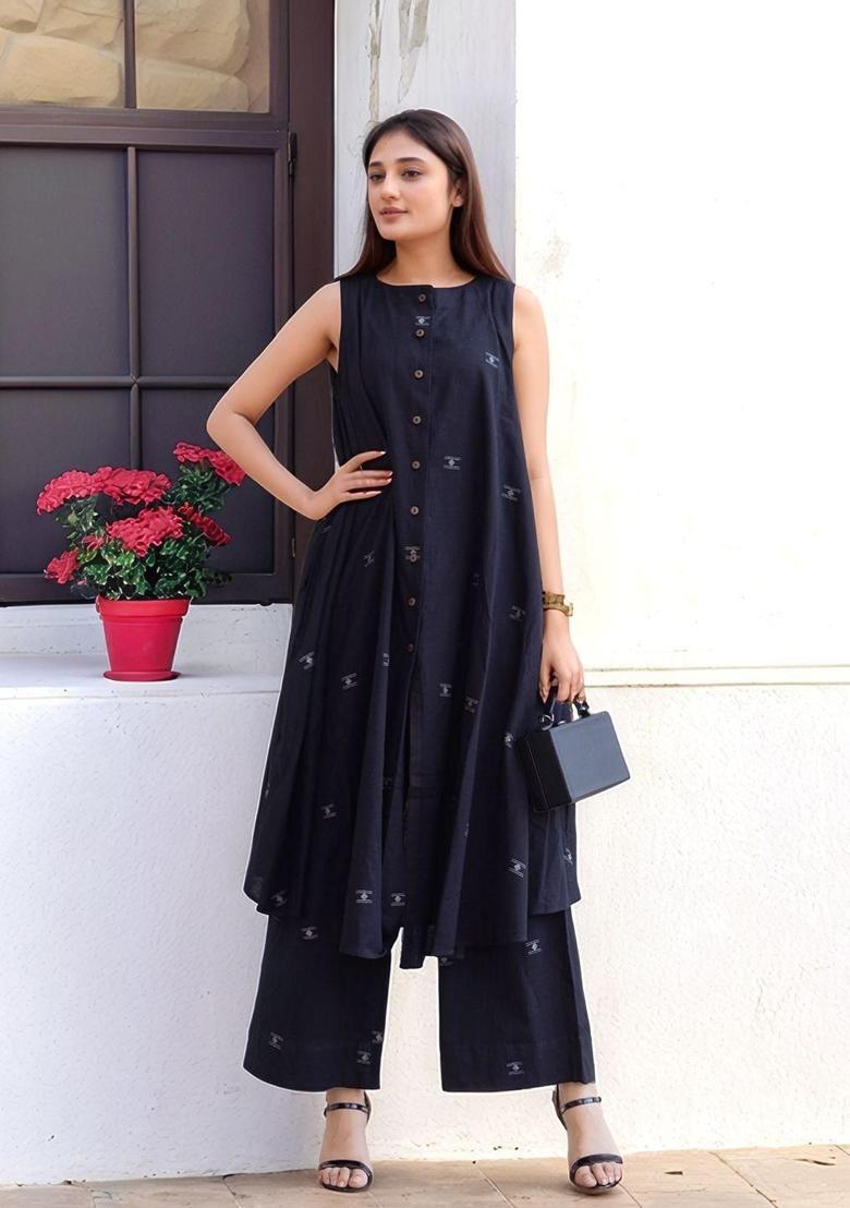 Black Printed Viscose Kurta Set - Indya