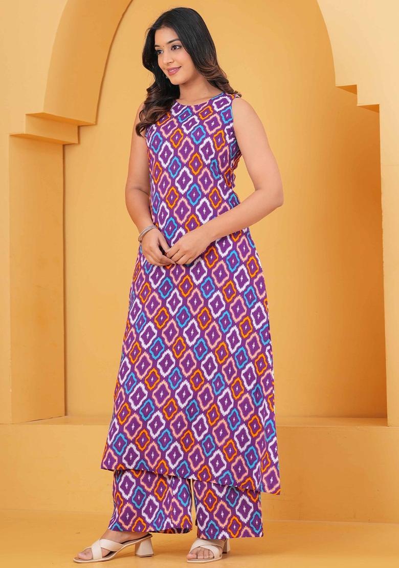 Purple Printed Viscose Kurta Set - Indya