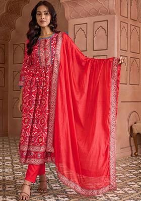 Red Printed Viscose Kurta Set