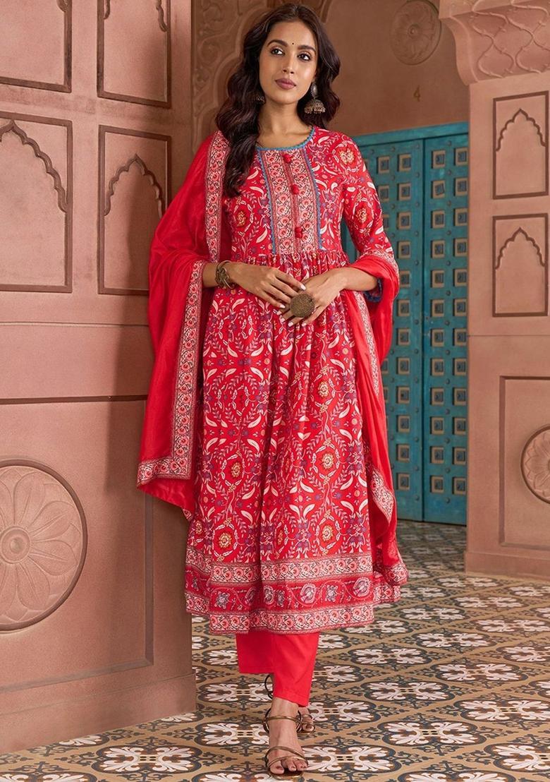 Red Printed Viscose Kurta Set - Indya