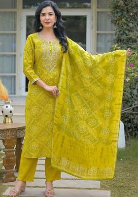 Lime Green Printed Silk Kurta Set