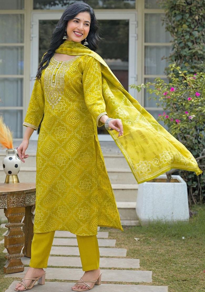 Lime Green Printed Silk Kurta Set - Indya