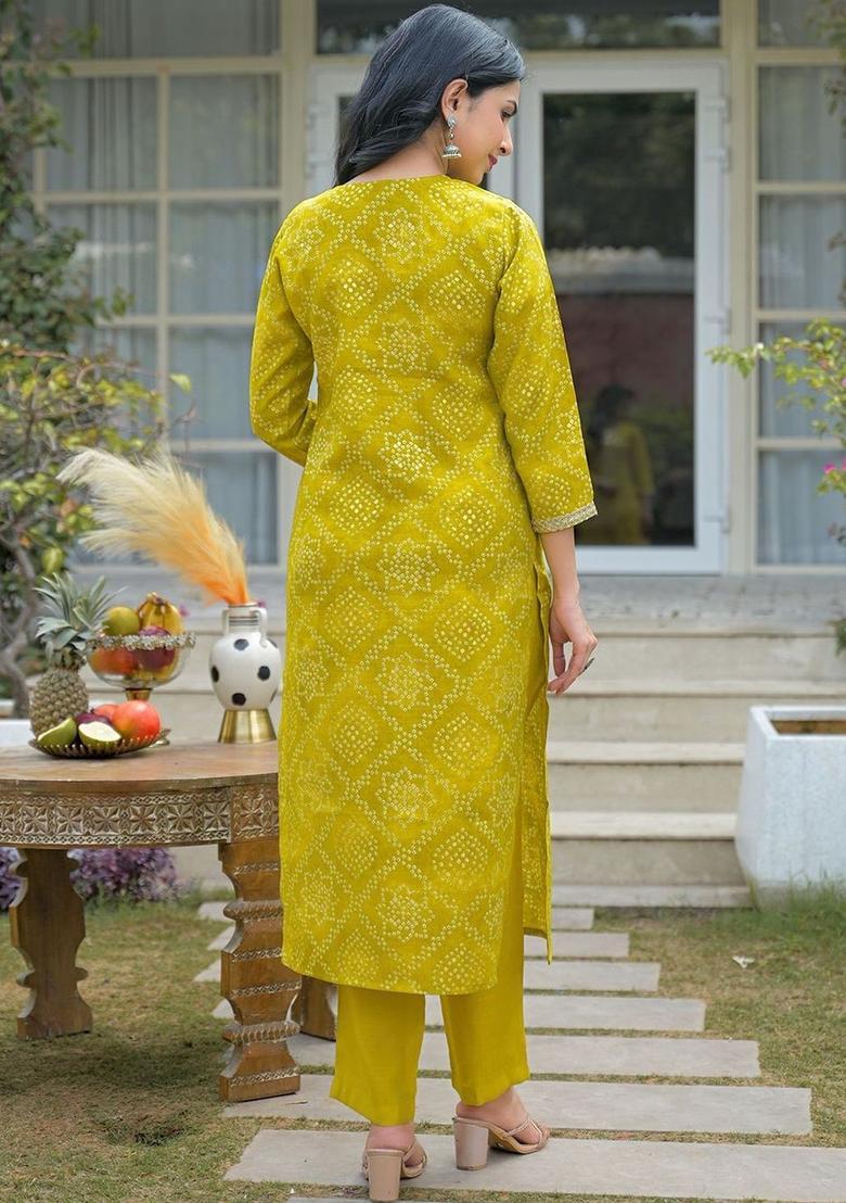 Lime Green Printed Silk Kurta Set - Indya