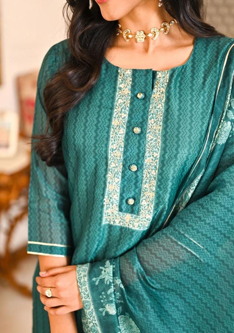 Green Printed Cotton Kurta Set - Indya