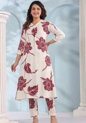 Off White Printed Viscose Kurta Set