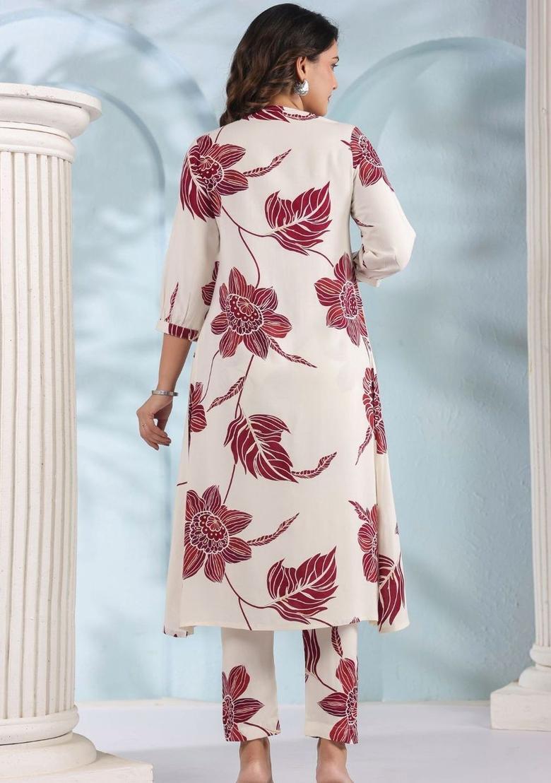 Off White Printed Viscose Kurta Set - Indya