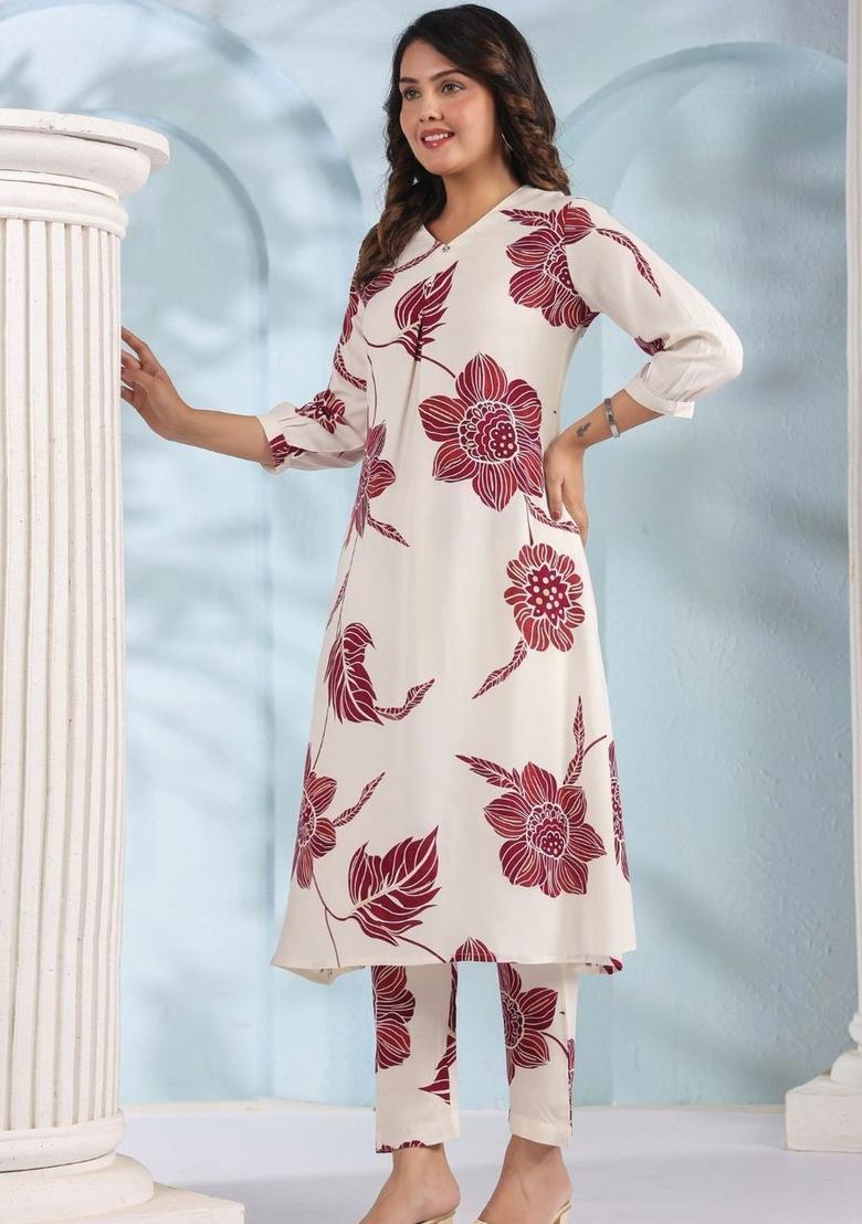 Off White Printed Viscose Kurta Set - Indya