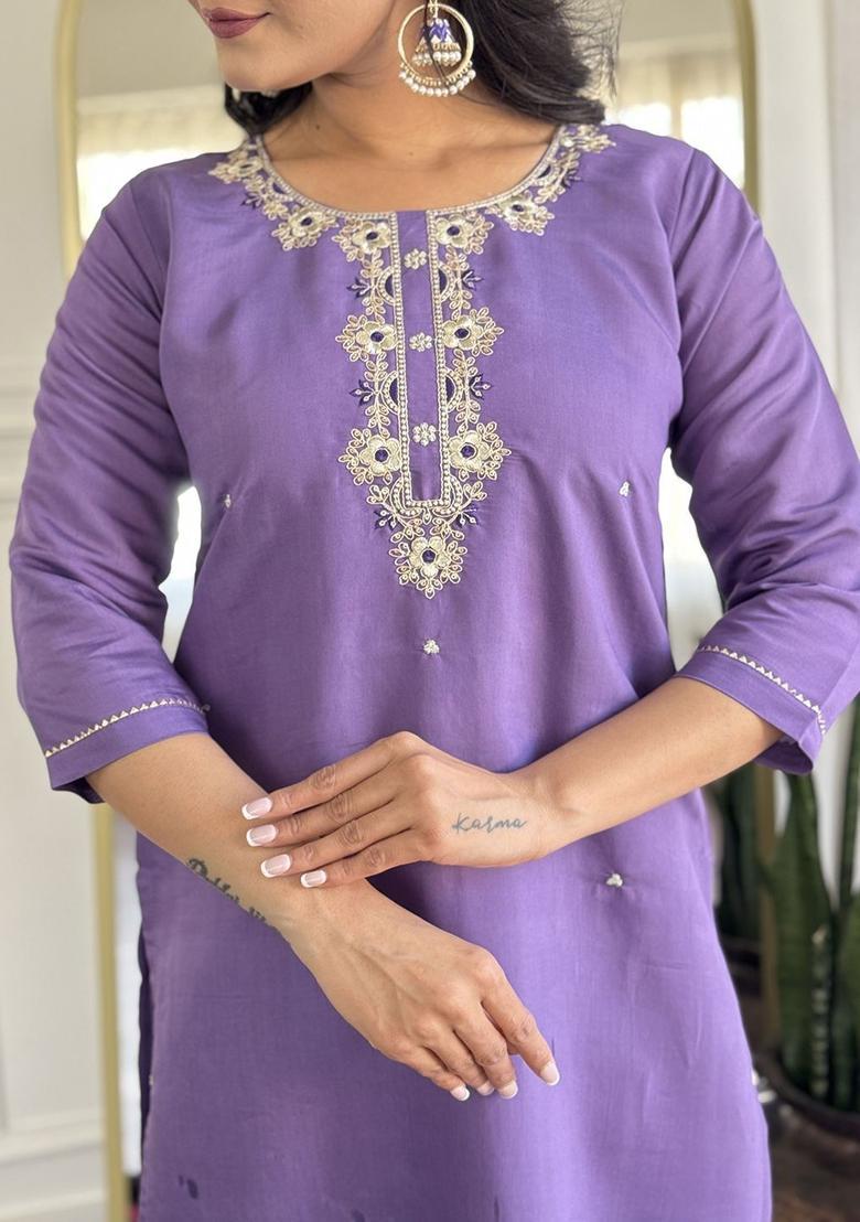 Lavender Embroidered Viscose Kurta Set - Indya