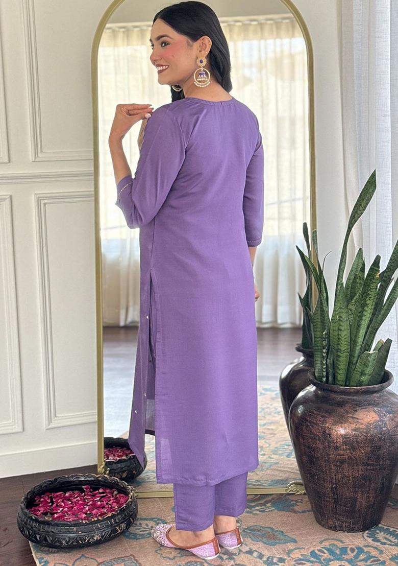 Lavender Embroidered Viscose Kurta Set - Indya