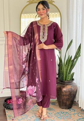 Purple Embroidered Viscose Kurta Set