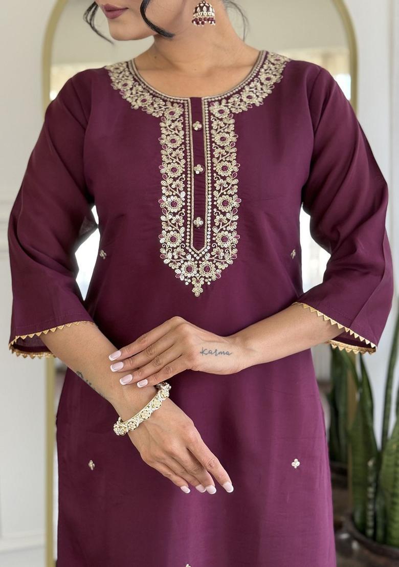 Purple Embroidered Viscose Kurta Set - Indya