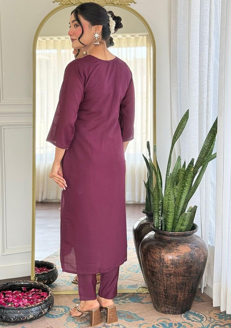 Purple Embroidered Viscose Kurta Set - Indya