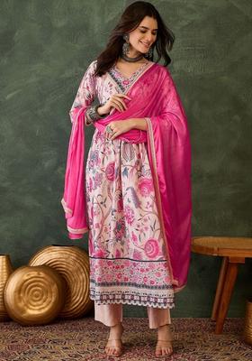Pink Printed Viscose Kurta Set