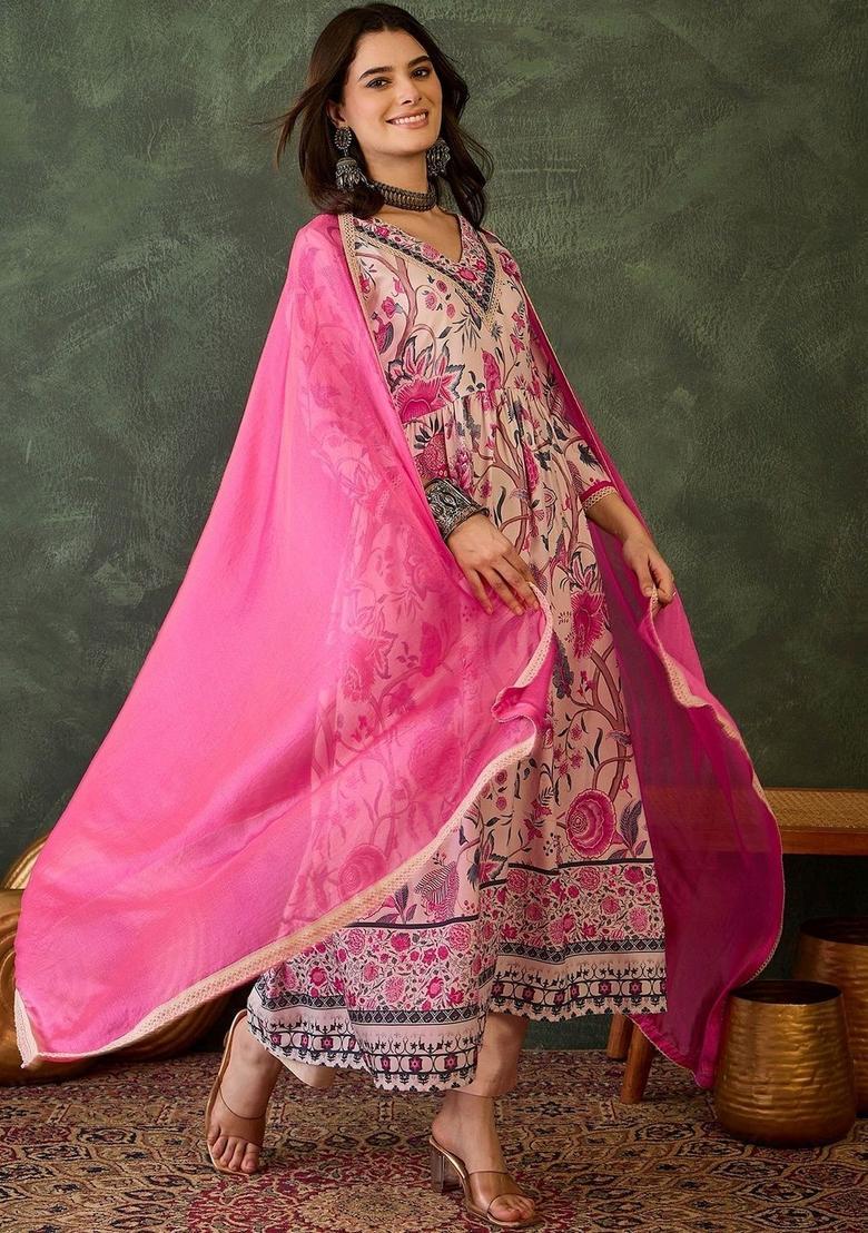 Pink Printed Viscose Kurta Set - Indya