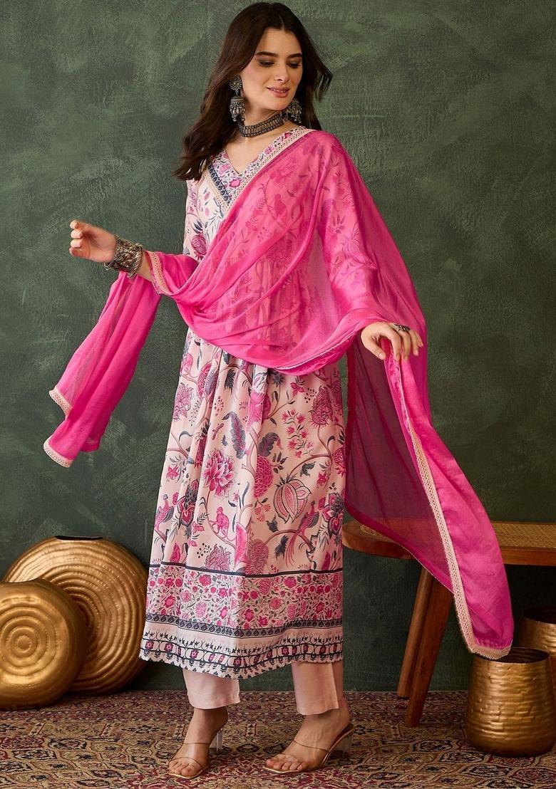 Pink Printed Viscose Kurta Set - Indya