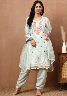 Sea Green Embroidered Viscose Kurta Set