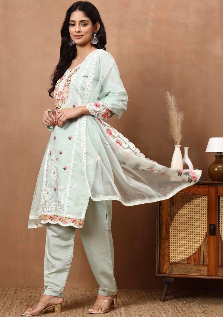 Sea Green Embroidered Viscose Kurta Set - Indya