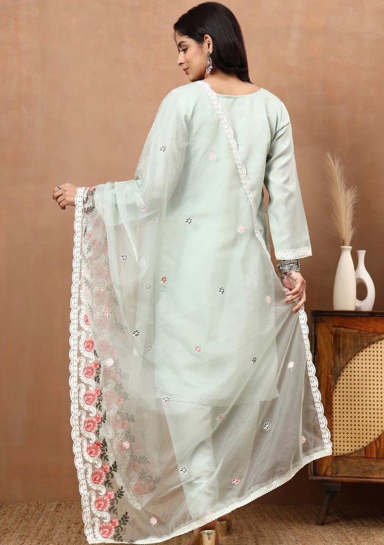 Sea Green Embroidered Viscose Kurta Set - Indya