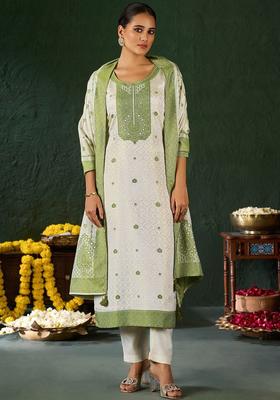 Green Woven Design Tissue Kurta Set