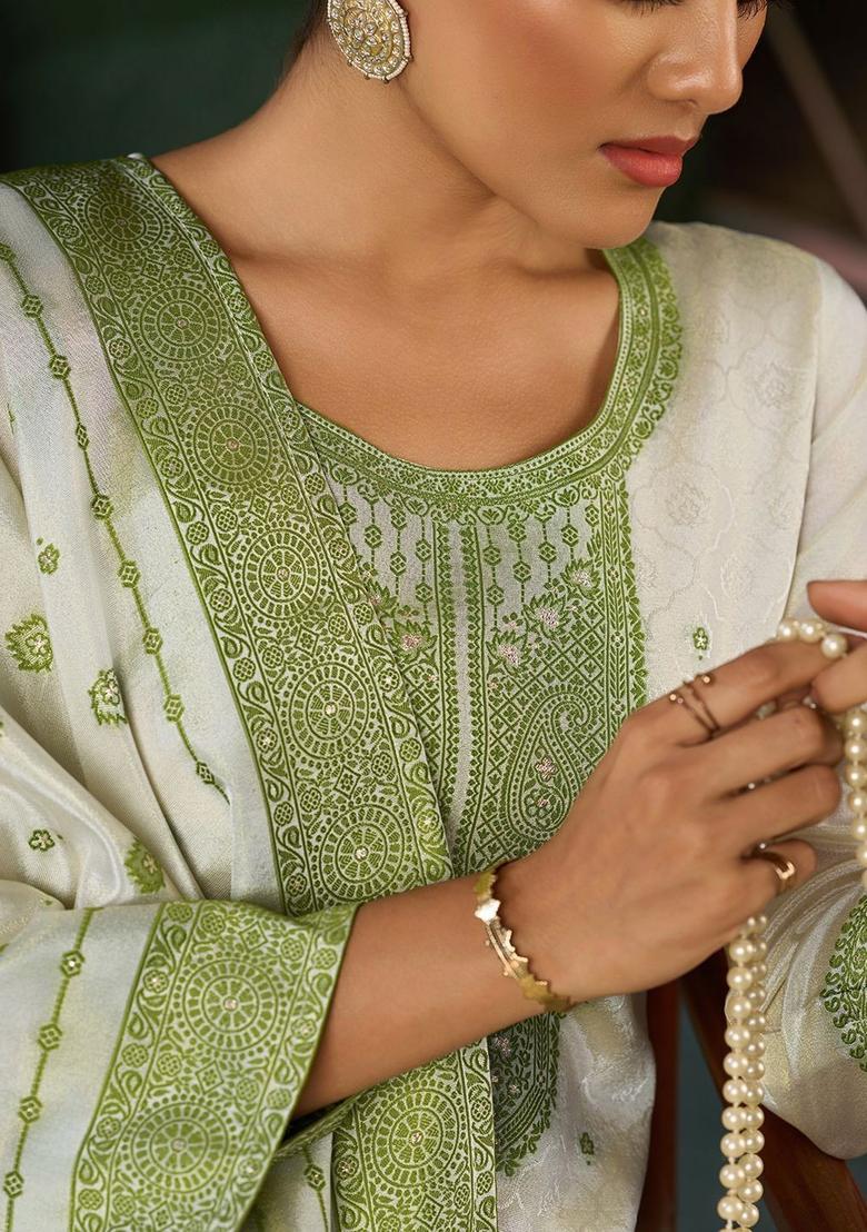 Green Woven Design Tissue Kurta Set - Indya