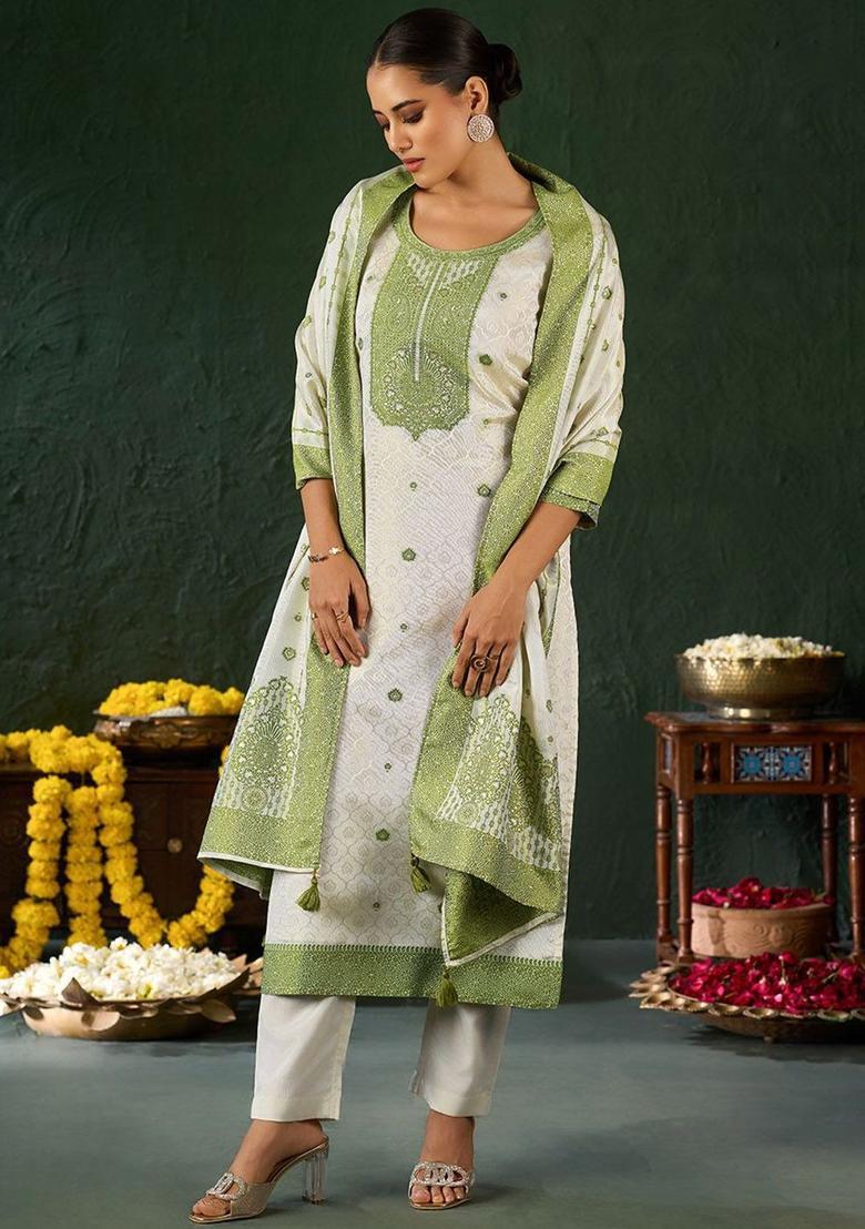 Green Woven Design Tissue Kurta Set - Indya