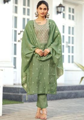 Green Embroidered Viscose Kurta Set