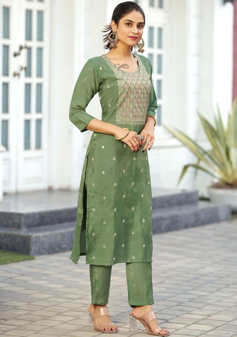 Green Embroidered Viscose Kurta Set - Indya