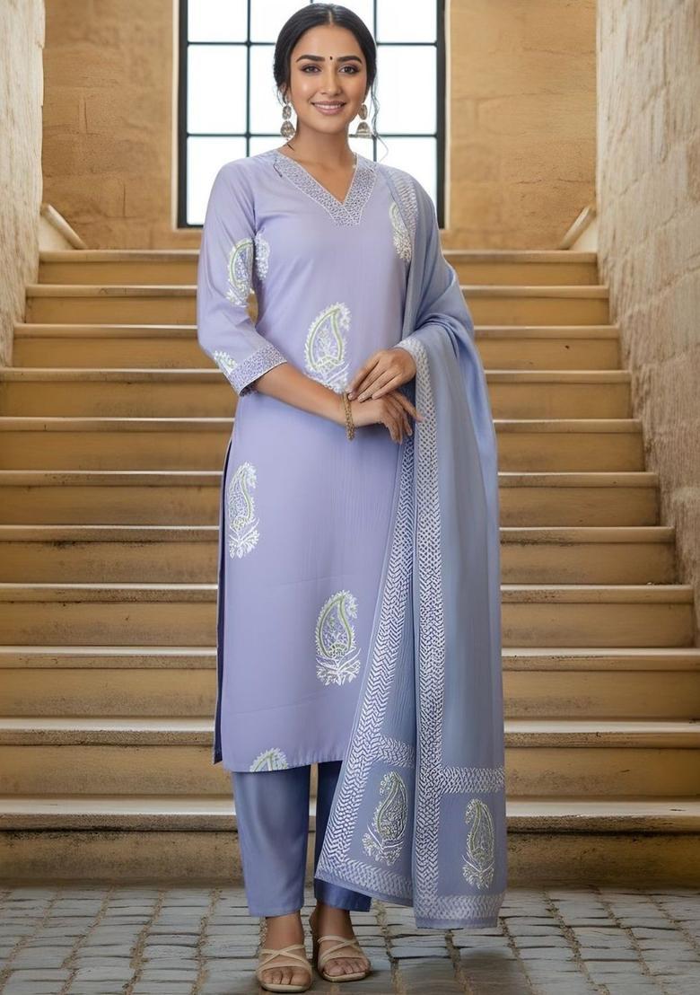 Lavender Printed Viscose Kurta Set - Indya