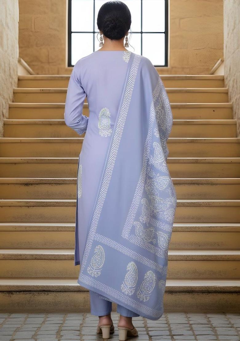 Lavender Printed Viscose Kurta Set - Indya