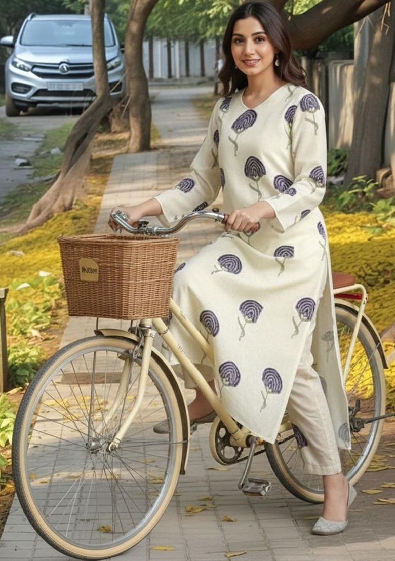 Off White Printed Viscose Kurta Set - Indya