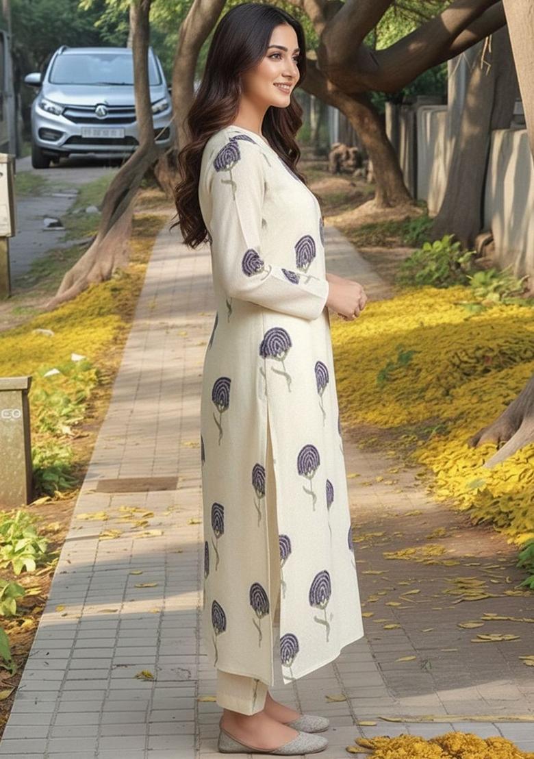 Off White Printed Viscose Kurta Set - Indya