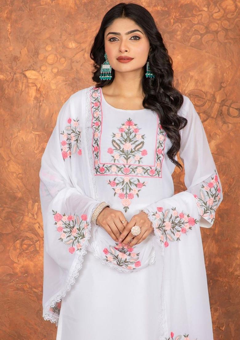 White Embroidered Georgette Kurta Set - Indya