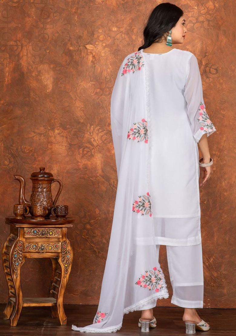 White Embroidered Georgette Kurta Set - Indya