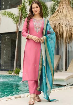 Pink Embroidered Viscose Kurta Set